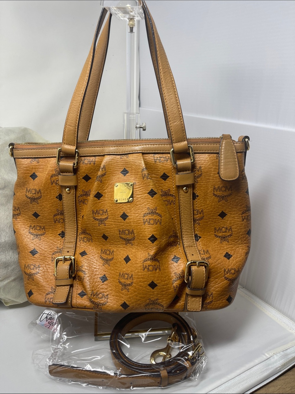 MCM Cognac Visetos Logo Shoulder Bag with Gold Plaque